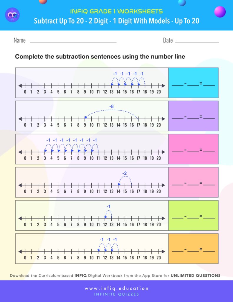 Grade 1 Math > Subtract up to 20 > 2 Digit – 1 Digit with models (up to 20) Worksheet
