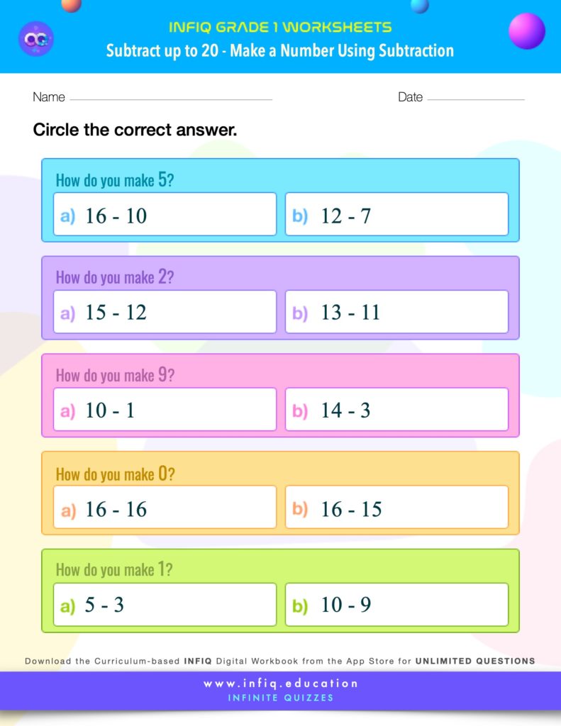 Grade 1 Math > Subtract up to 20 > Make a Number Using Subtraction Worksheet