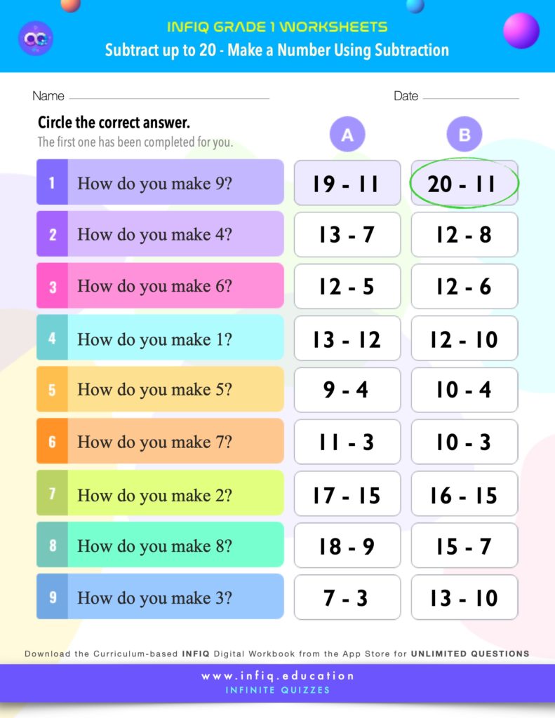 Grade 1 Math > Subtract up to 20 > Make a Number Using Subtraction Worksheet