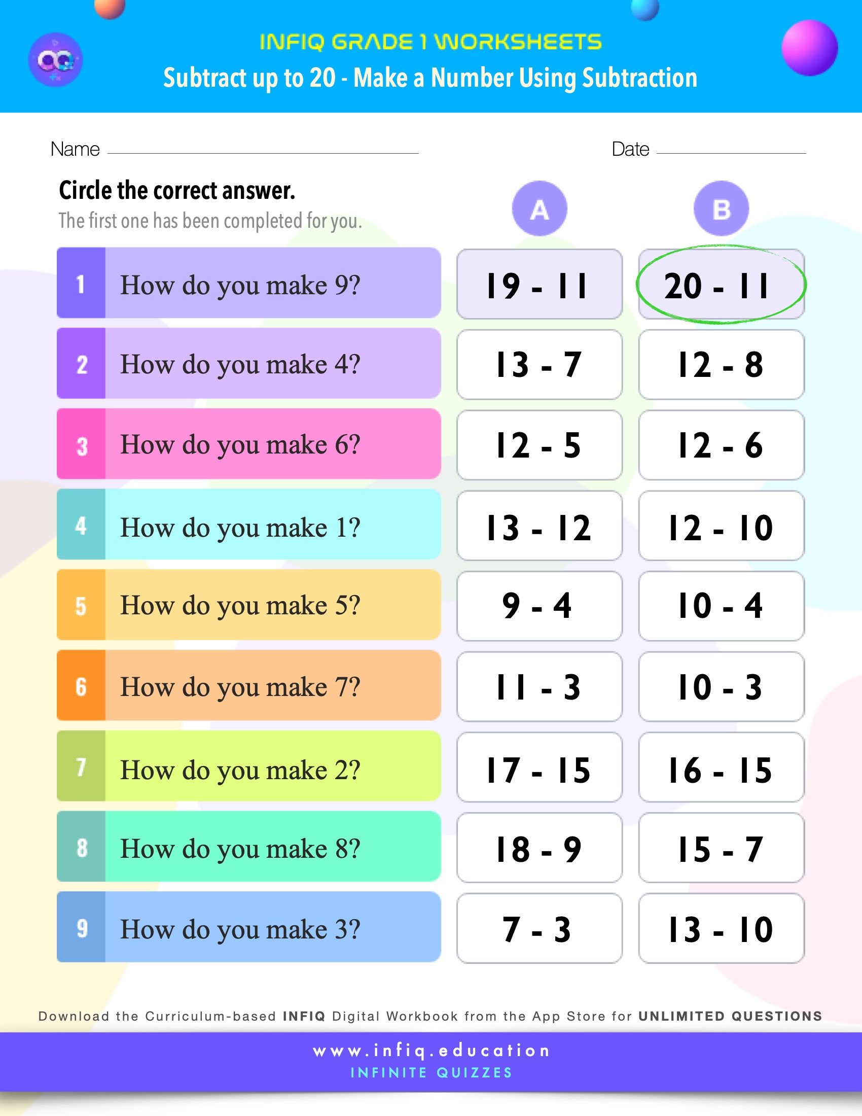 Grade 1 Math > Subtract up to 20 > Make a Number Using Subtraction Worksheet