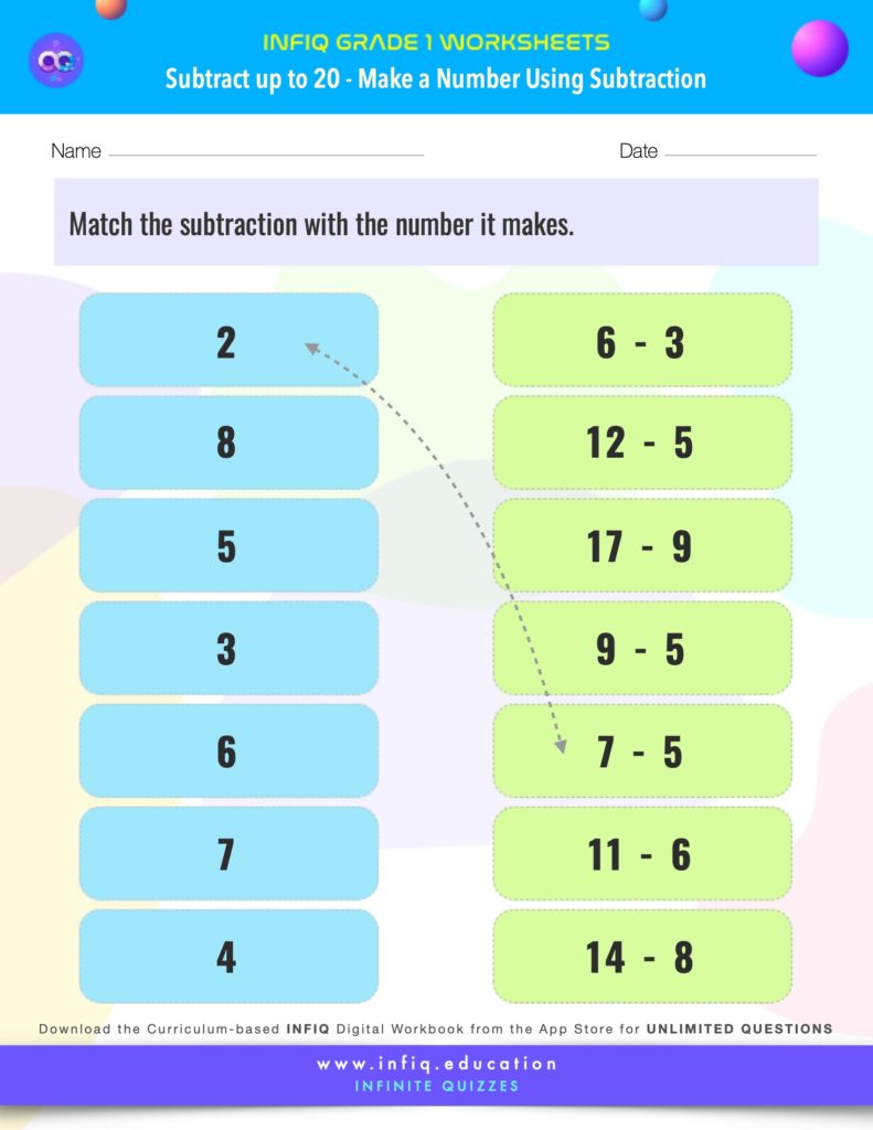 Grade 1 Math > Subtract up to 20 > Make a Number Using Subtraction Worksheet