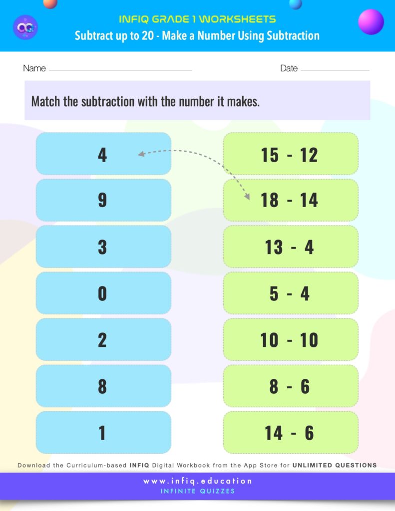 Grade 1 Math > Subtract up to 20 > Make a Number Using Subtraction Worksheet