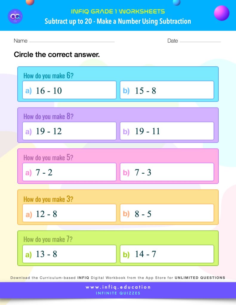Grade 1 Math > Subtract up to 20 > Make a Number Using Subtraction Worksheet