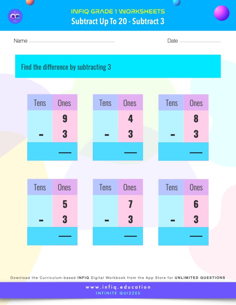 Grade 1 Math > Subtract up to 20 > Subtract 3 Worksheet