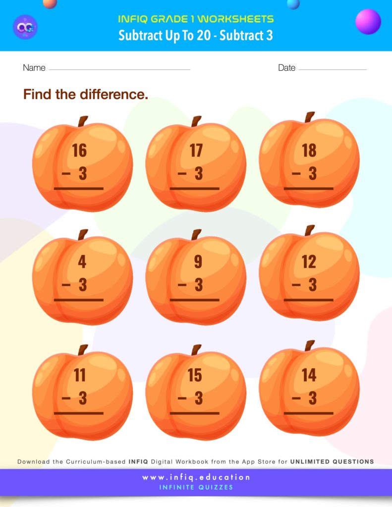 Grade 1 Math > Subtract up to 20 > Subtract 3 Worksheet