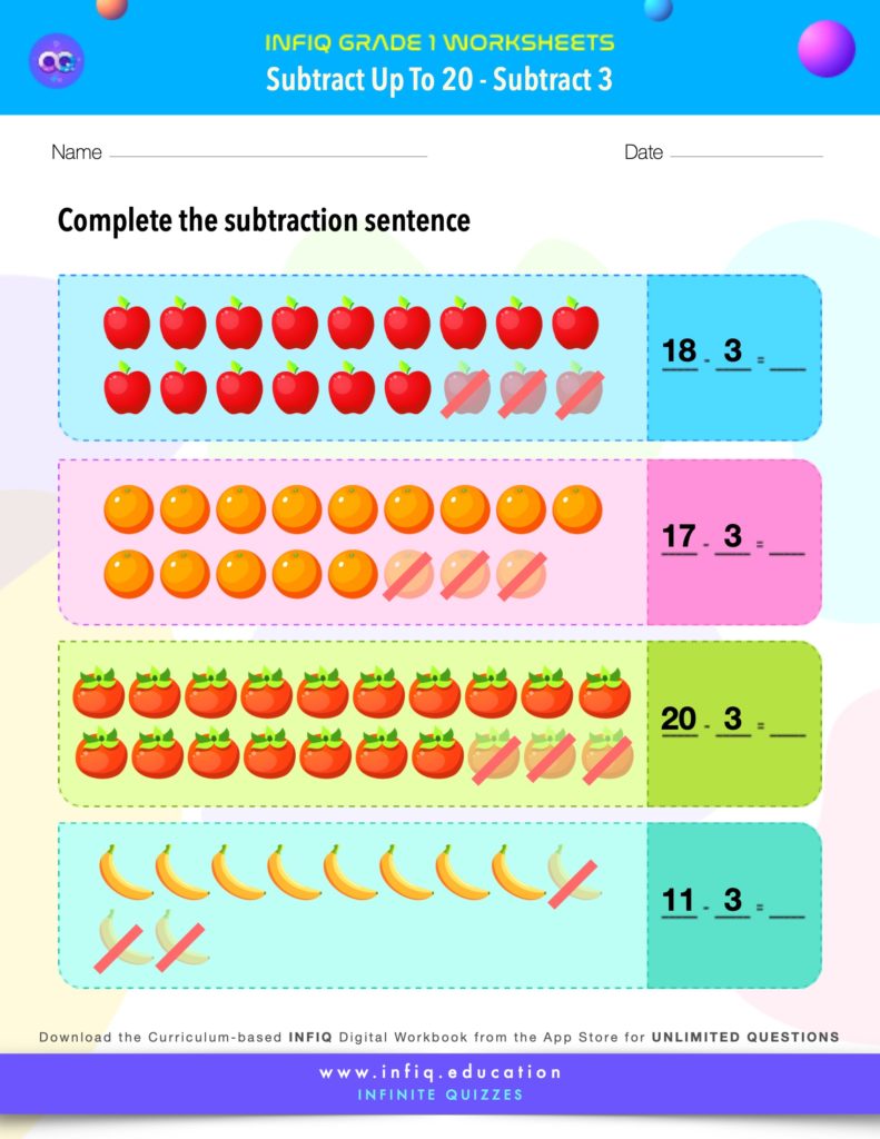 Grade 1 Math > Subtract up to 20 > Subtract 3 Worksheet