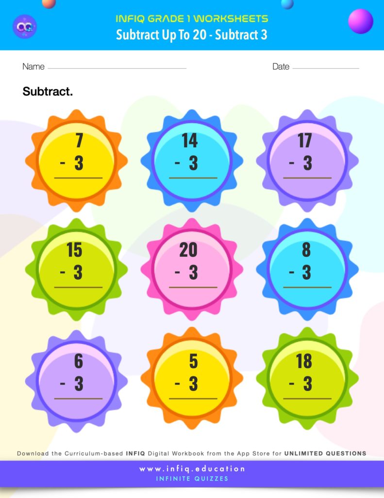 Grade 1 Math > Subtract up to 20 > Subtract 3 Worksheet