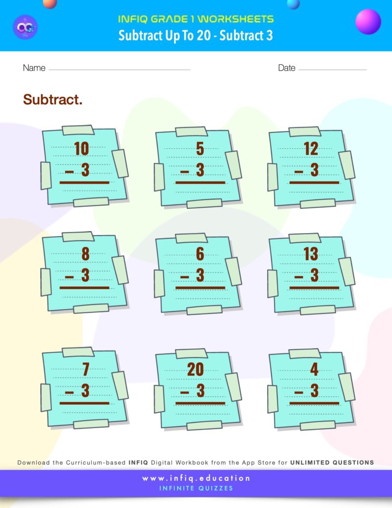 Grade 1 Math > Subtract up to 20 > Subtract 3 Worksheet