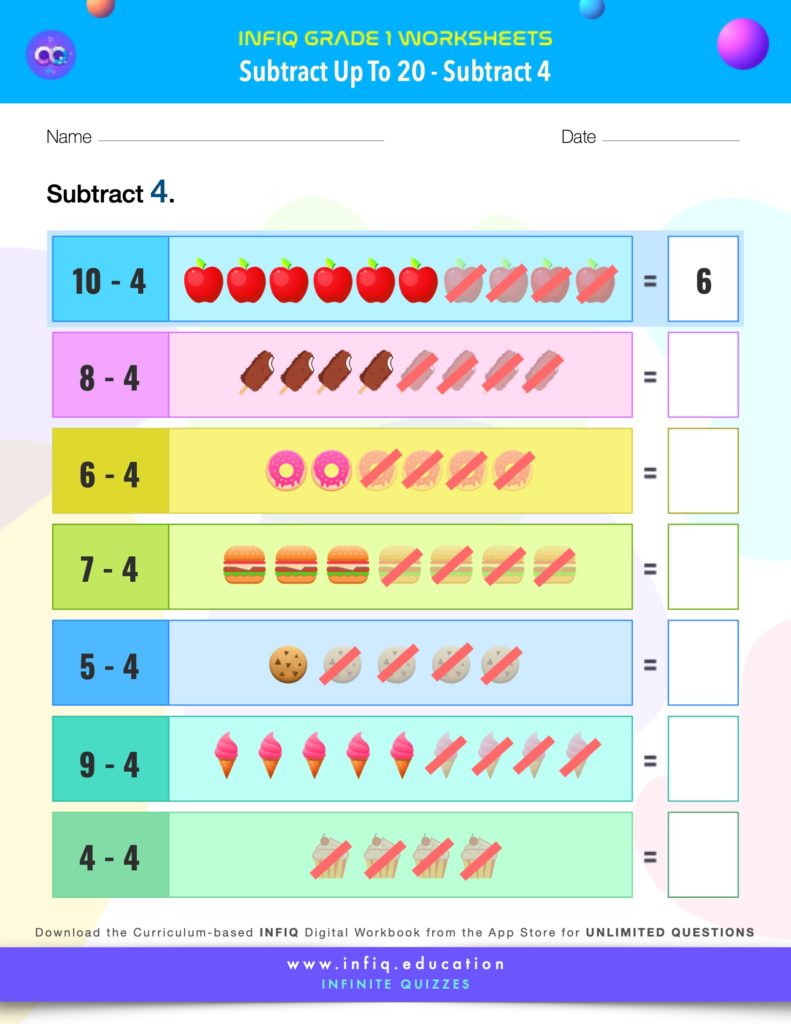 Grade 1 Math > Subtract up to 20 > Subtract 4 Worksheet