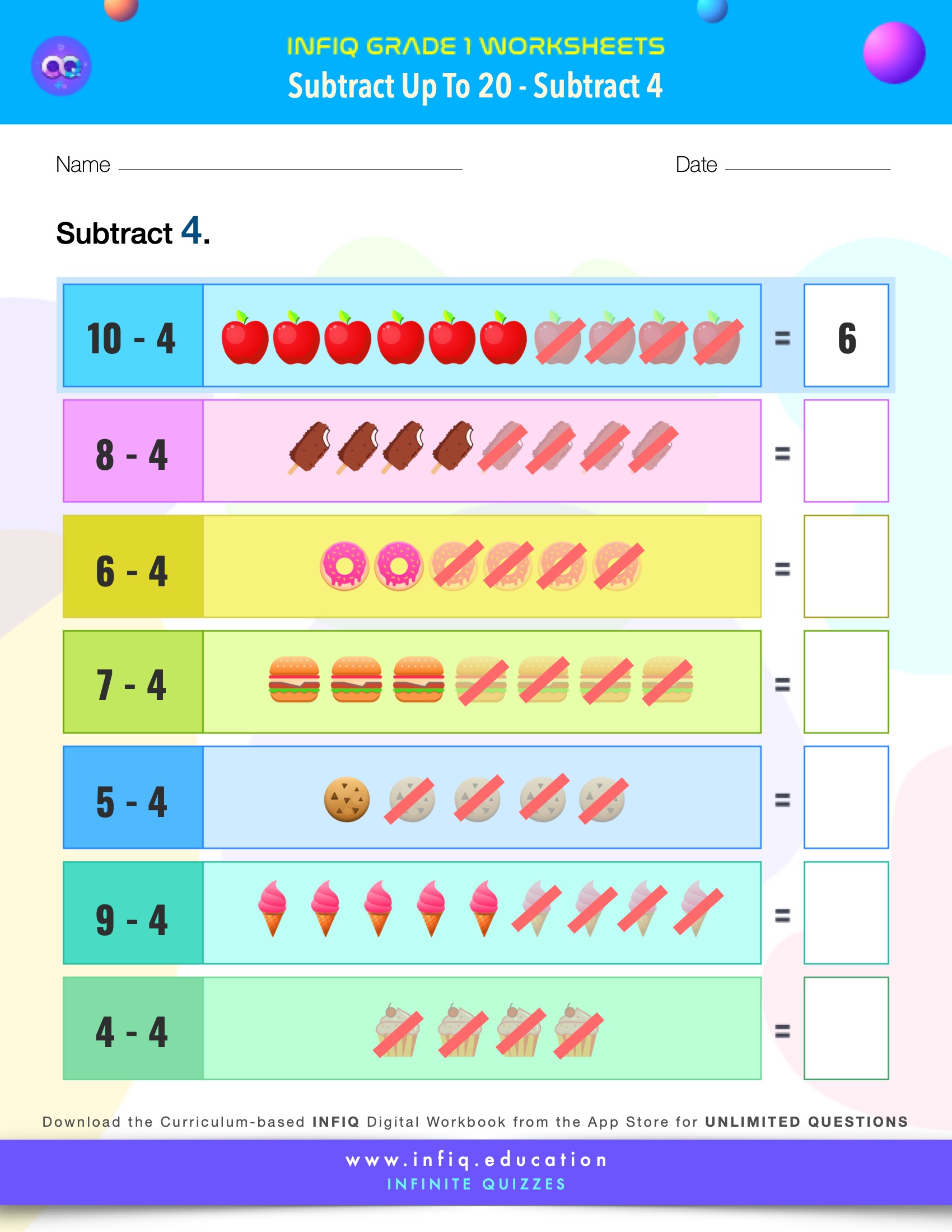 Grade 1 Math > Subtract up to 20 > Subtract 4 Worksheet