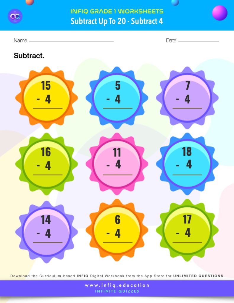 Grade 1 Math > Subtract up to 20 > Subtract 4 Worksheet