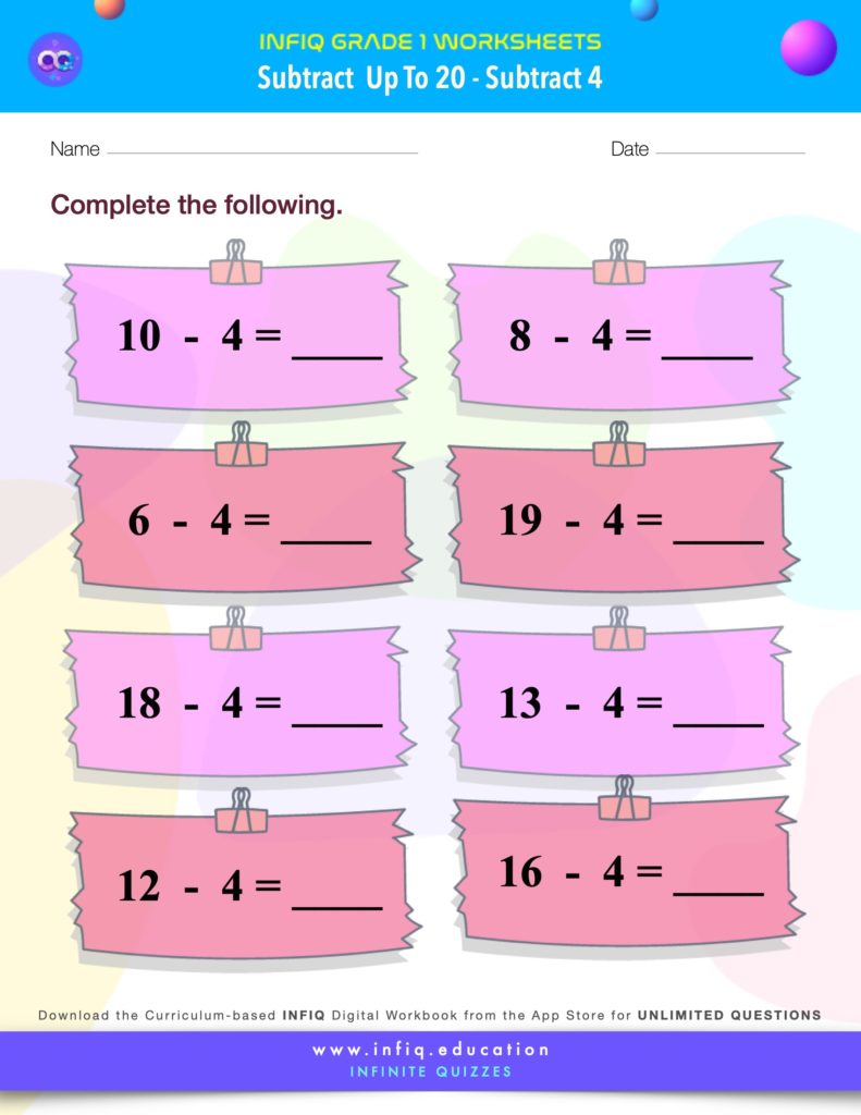 Grade 1 Math > Subtract up to 20 > Subtract 4 Worksheet