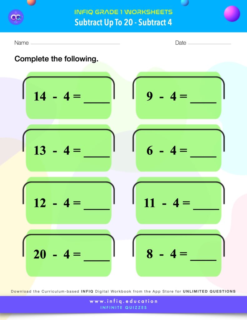 Grade 1 Math > Subtract up to 20 > Subtract 4 Worksheet