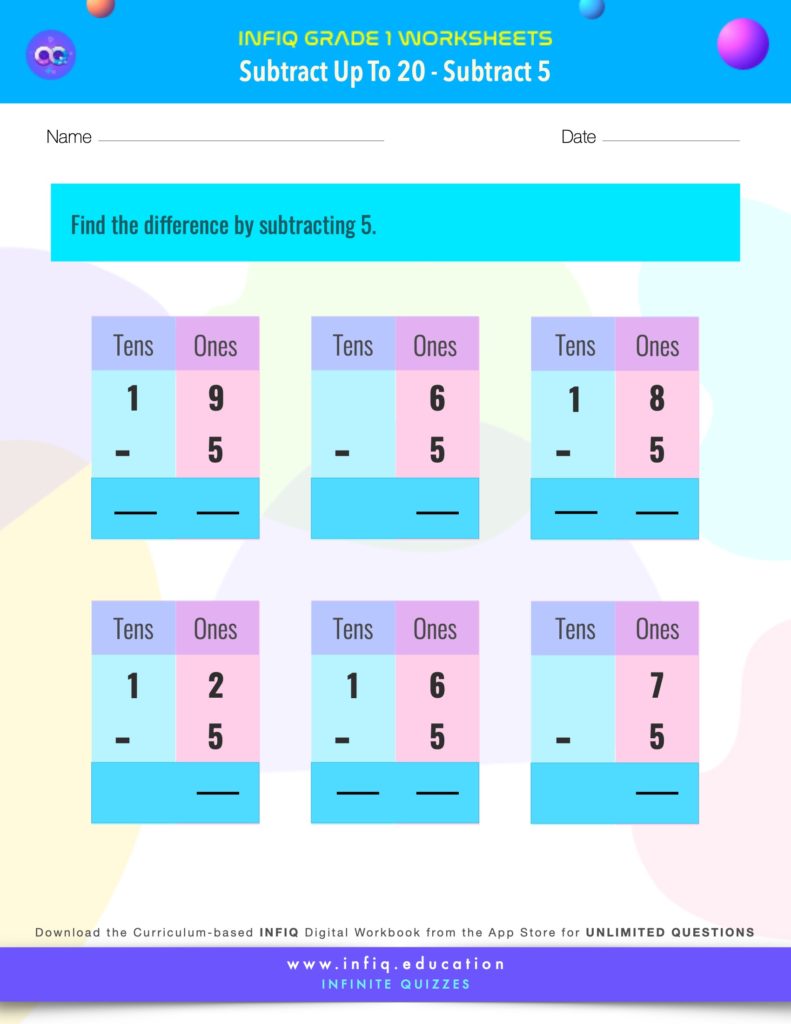 Grade 1 Math > Subtract up to 20 > Subtract 5 Worksheet