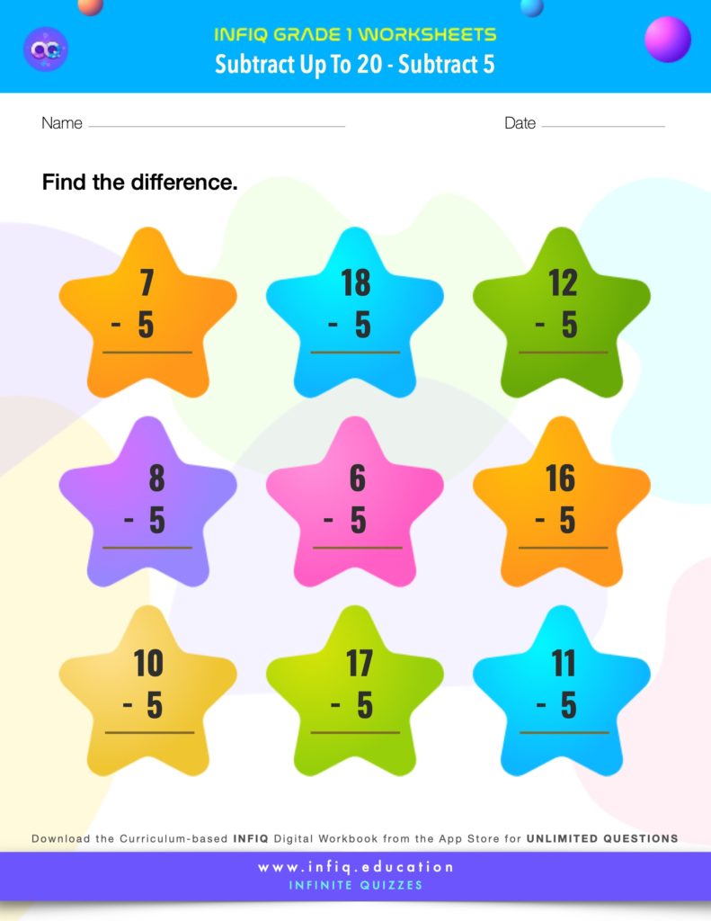 Grade 1 Math > Subtract up to 20 > Subtract 5 Worksheet