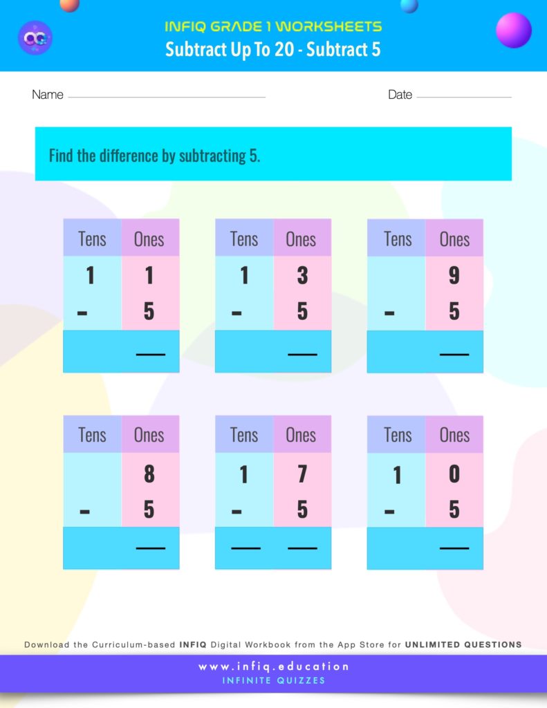 Grade 1 Math > Subtract up to 20 > Subtract 5 Worksheet