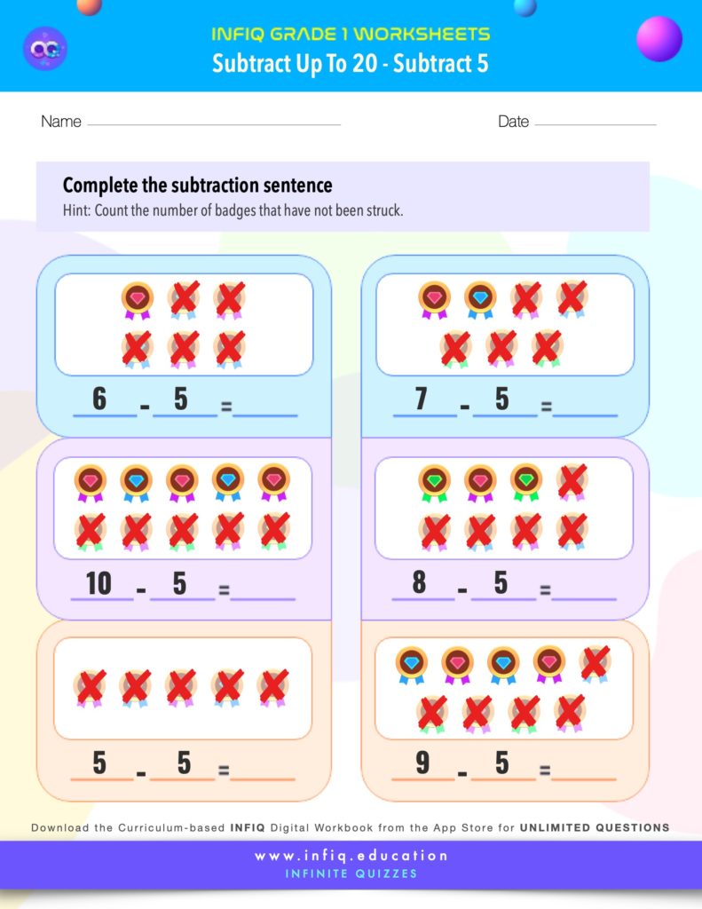 Grade 1 Math > Subtract up to 20 > Subtract 5 Worksheet