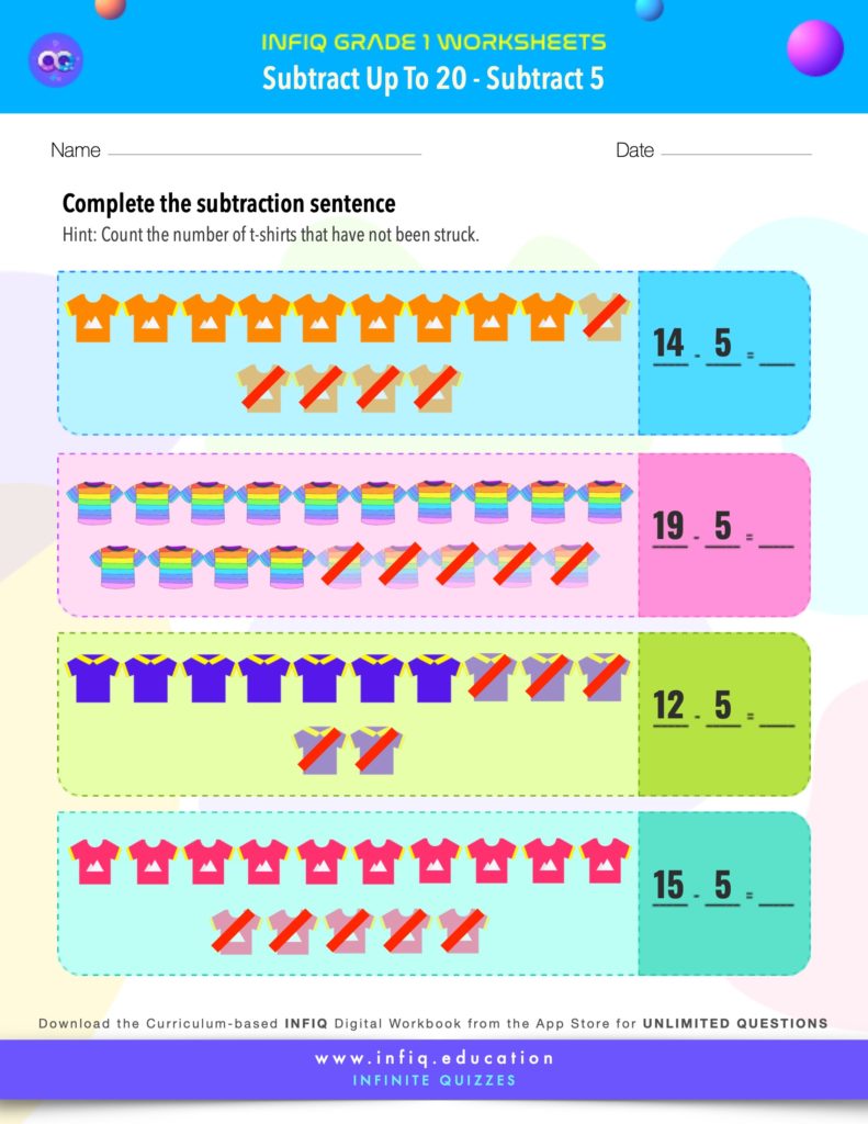 Grade 1 Math > Subtract up to 20 > Subtract 5 Worksheet