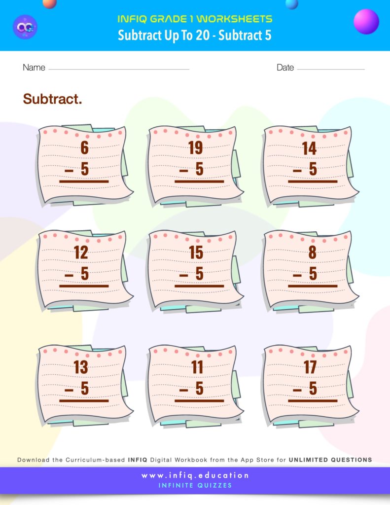 Grade 1 Math > Subtract up to 20 > Subtract 5 Worksheet