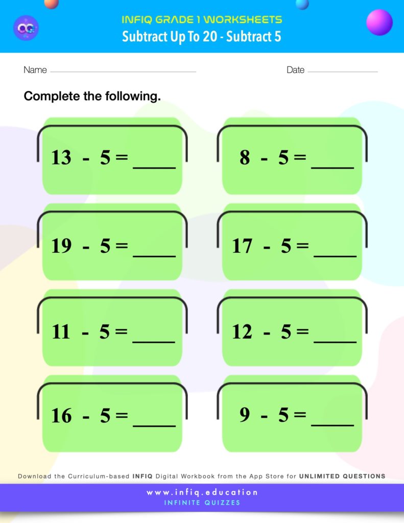 Grade 1 Math > Subtract up to 20 > Subtract 5 Worksheet