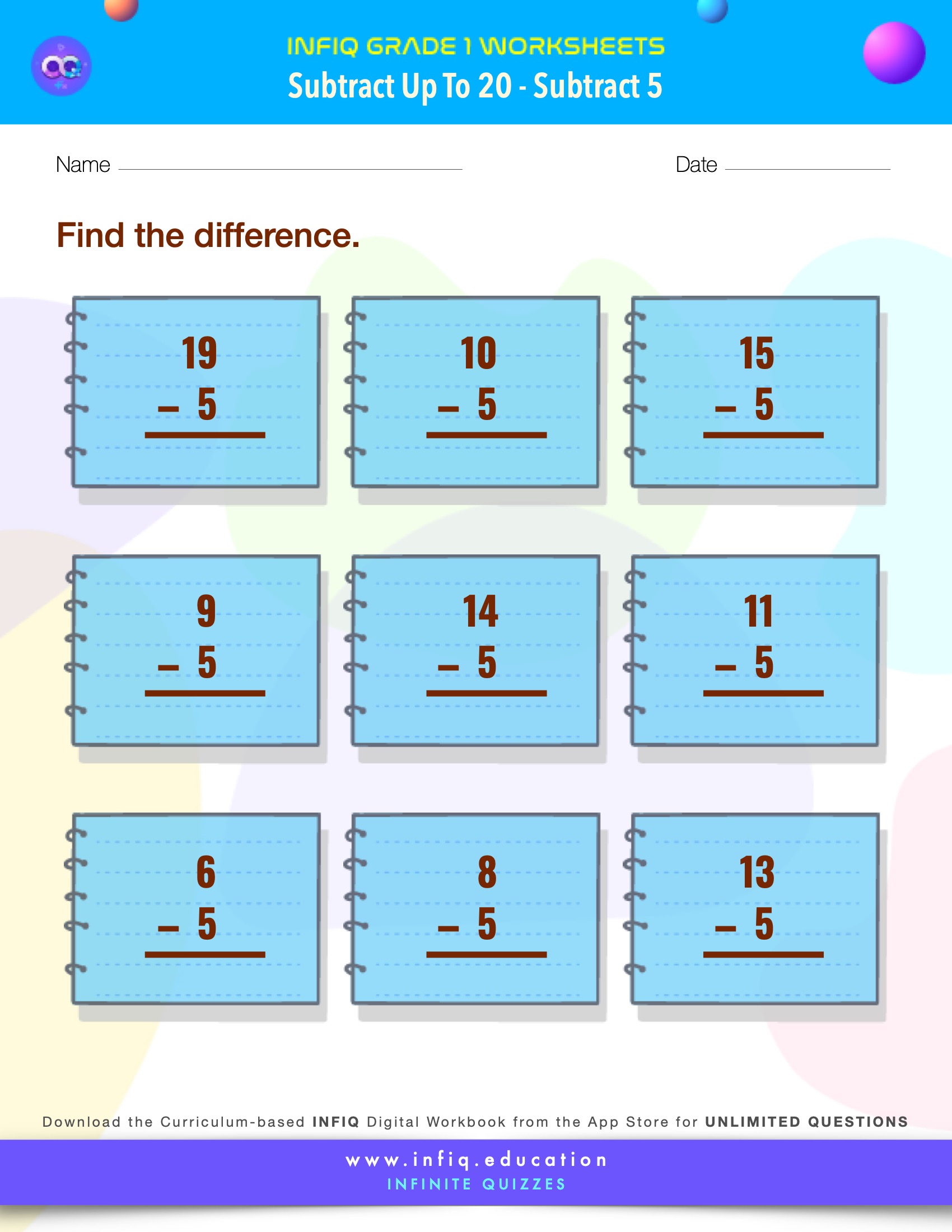Grade 1 Math > Subtract up to 20 > Subtract 5 Worksheet
