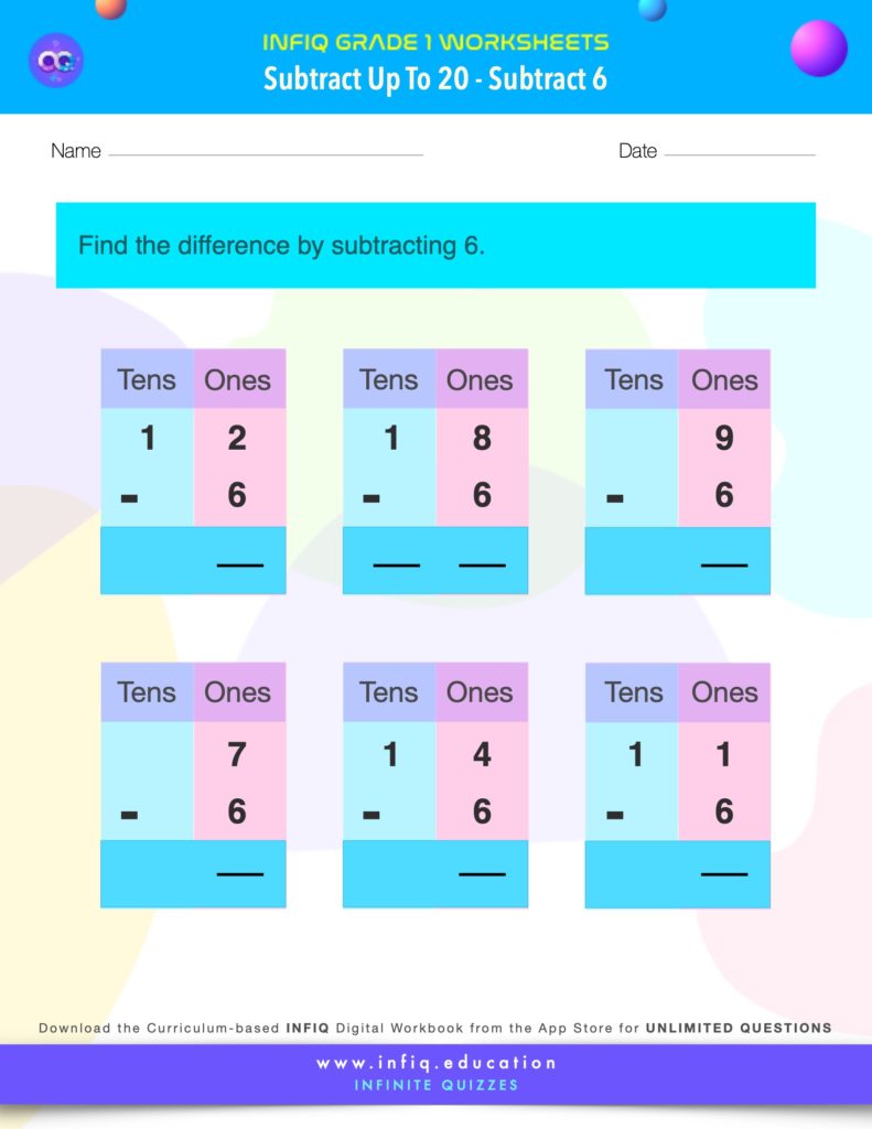 Grade 1 Math > Subtract up to 20 > Subtract 6 Worksheet