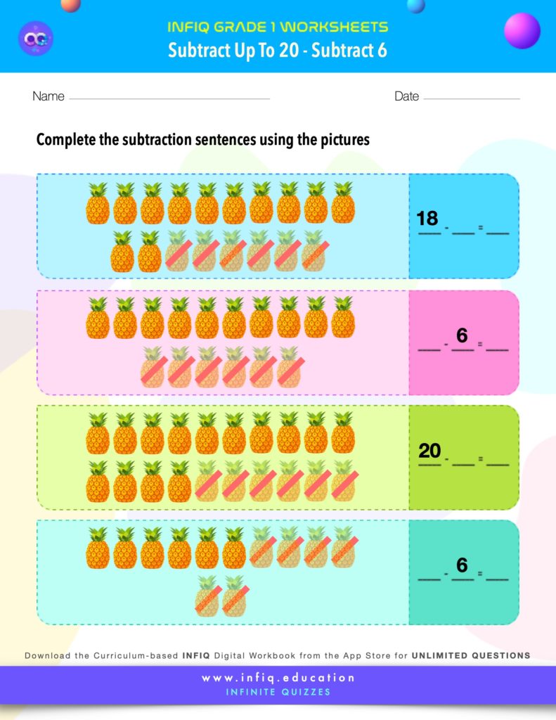 Grade 1 Math > Subtract up to 20 > Subtract 6 Worksheet