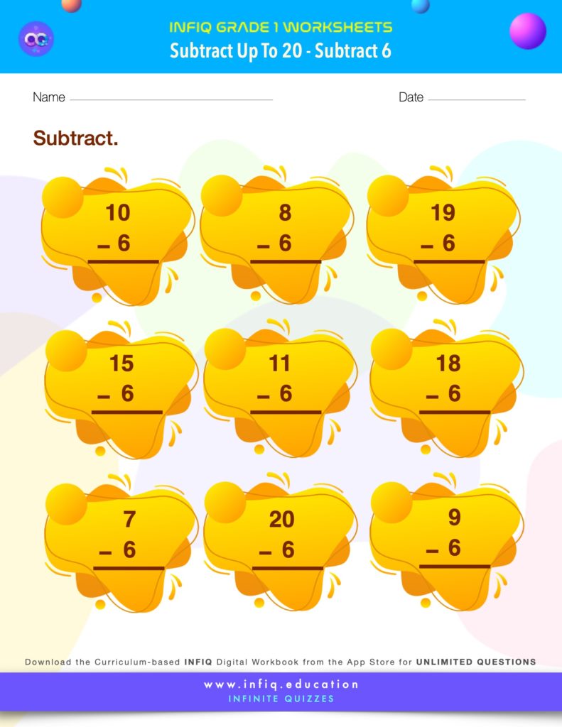 Grade 1 Math > Subtract up to 20 > Subtract 6 Worksheet