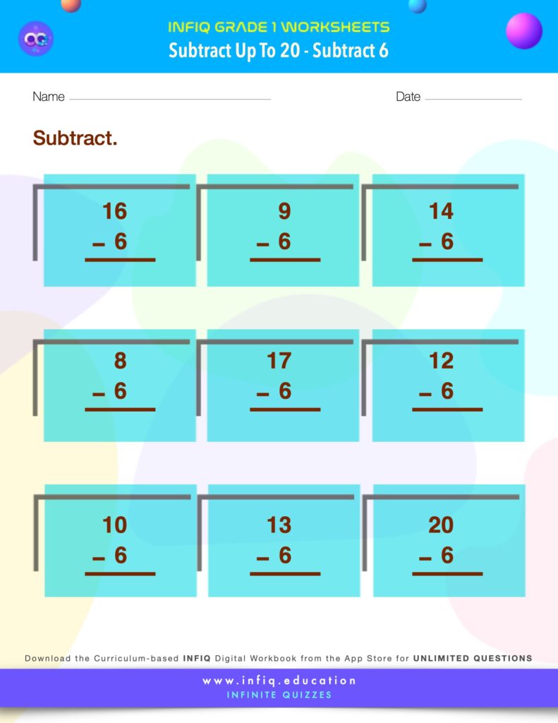 Grade 1 Math > Subtract up to 20 > Subtract 6 Worksheet