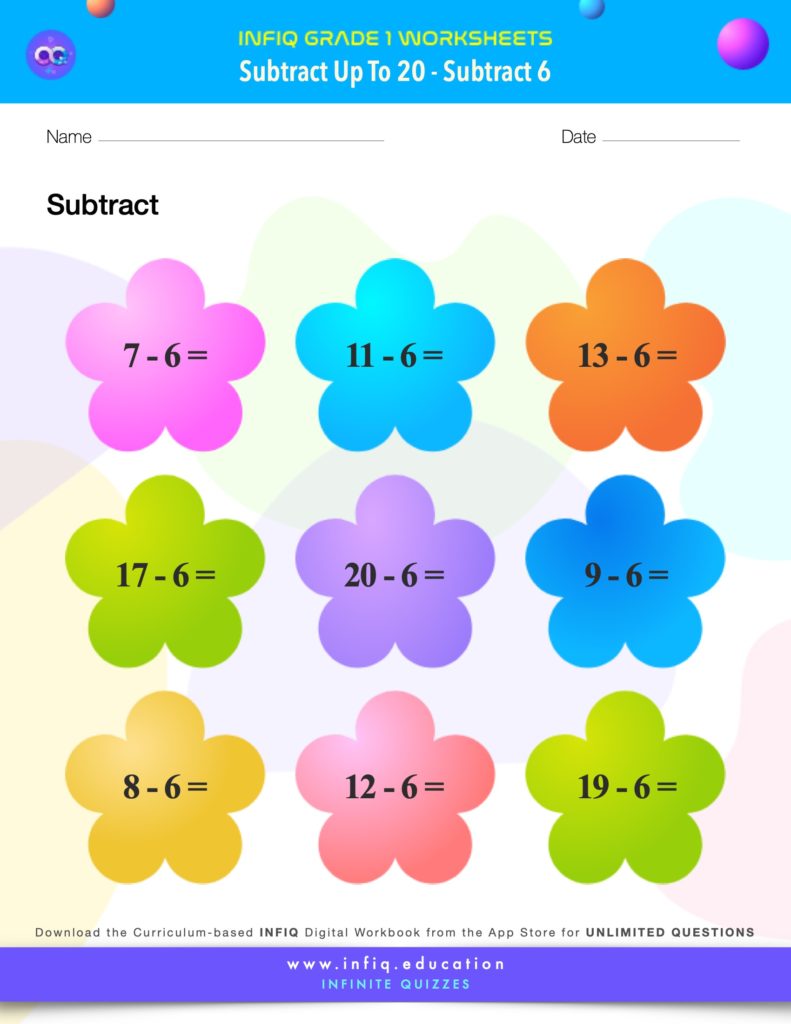Grade 1 Math > Subtract up to 20 > Subtract 6 Worksheet