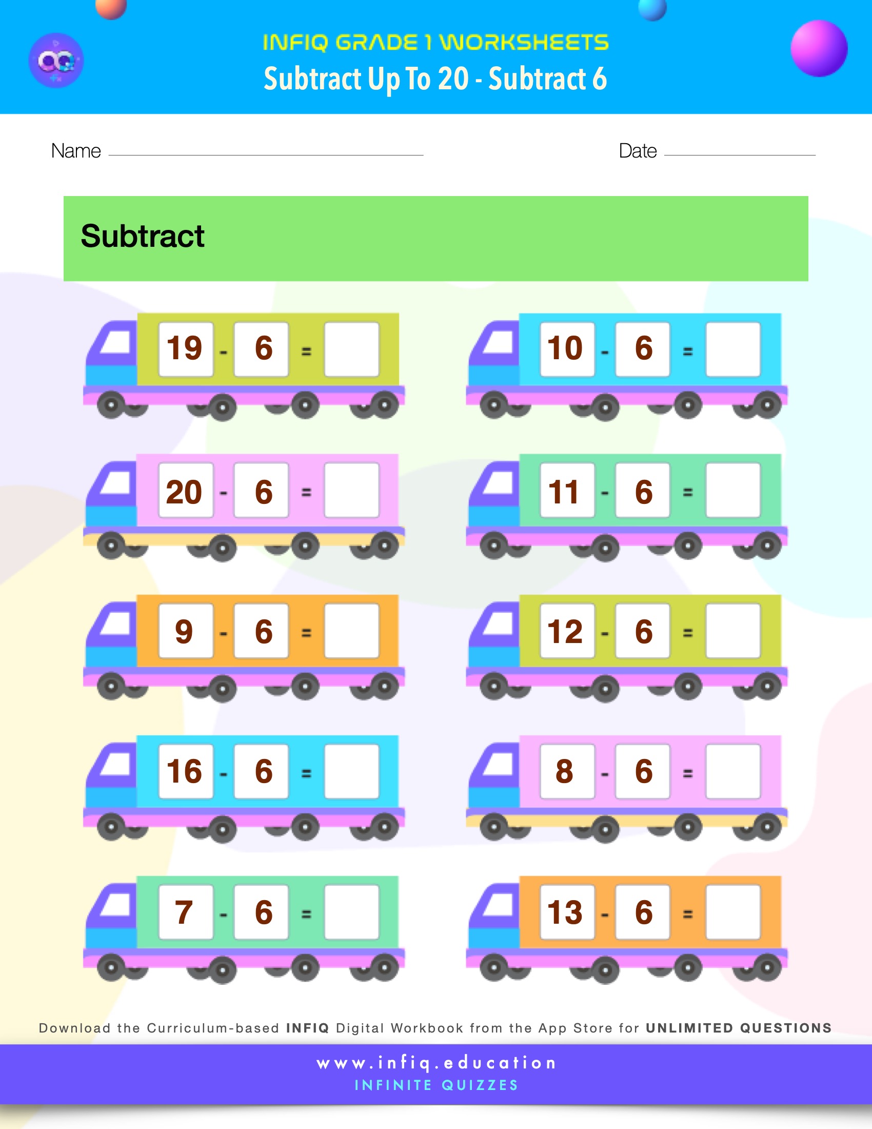 Grade 1 Math > Subtract up to 20 > Subtract 6 Worksheet