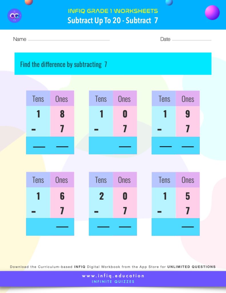 Grade 1 Math > Subtract up to 20 > Subtract 7 Worksheet