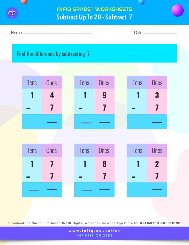 Grade 1 Math > Subtract up to 20 > Subtract 7 Worksheet
