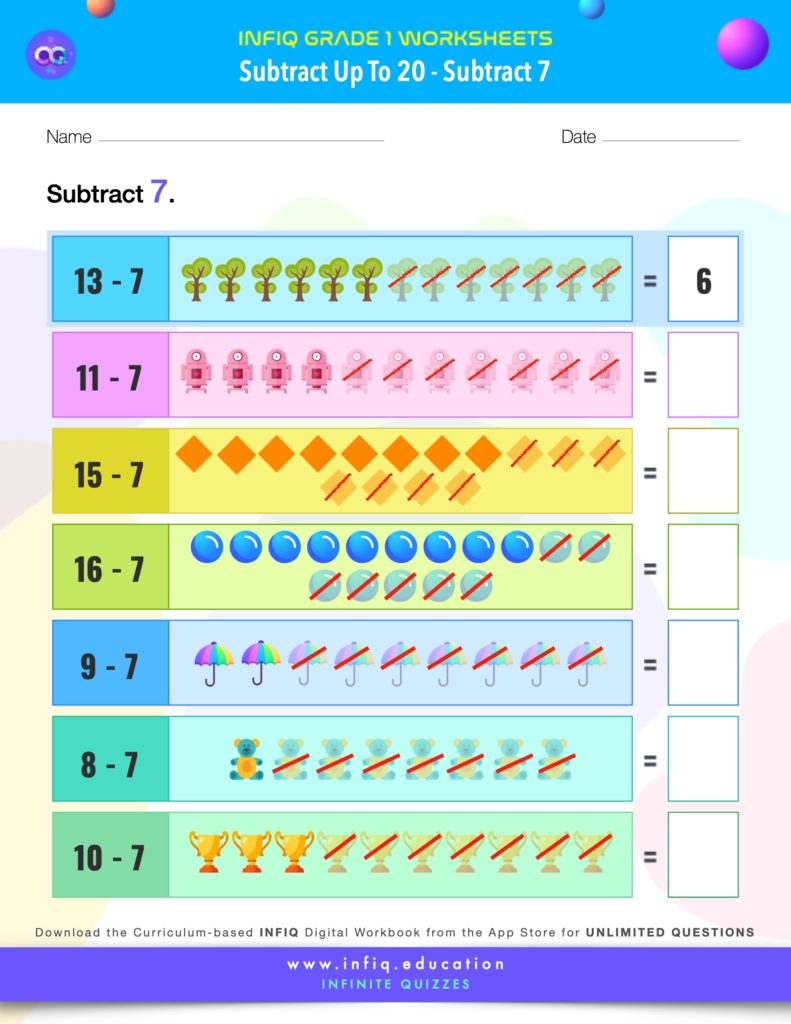Grade 1 Math > Subtract up to 20 > Subtract 7 Worksheet