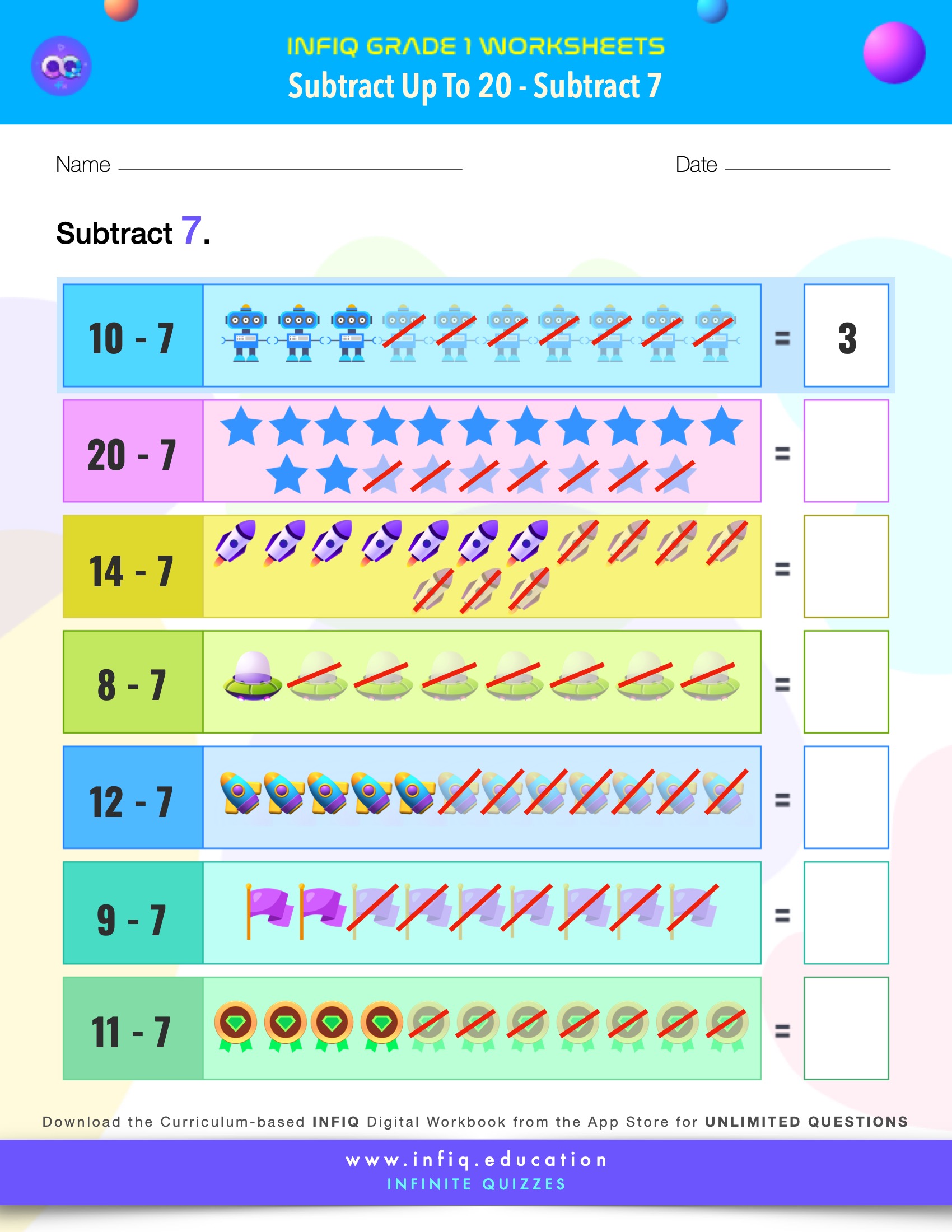 Grade 1 Math > Subtract up to 20 > Subtract 7 Worksheet