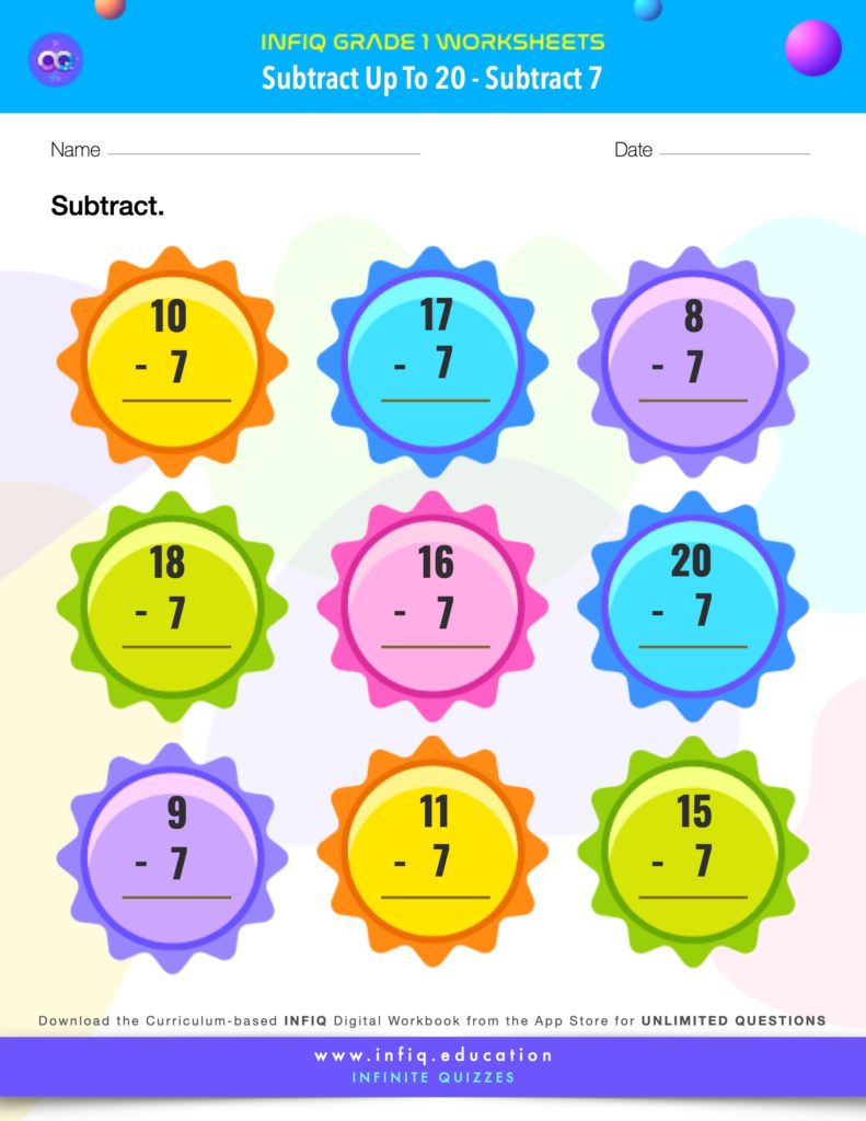 Grade 1 Math > Subtract up to 20 > Subtract 7 Worksheet