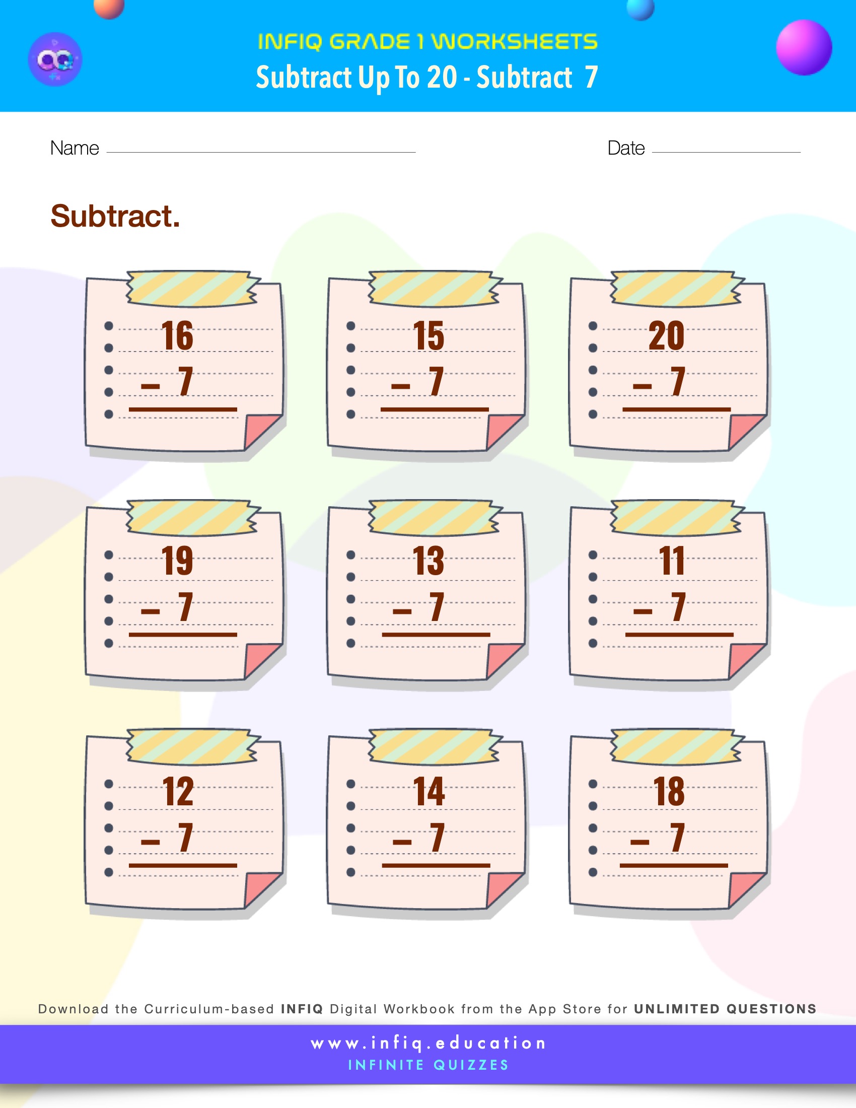 INFIQ GRADE 1 Math Worksheets Subtract up to 20 Subtract 7