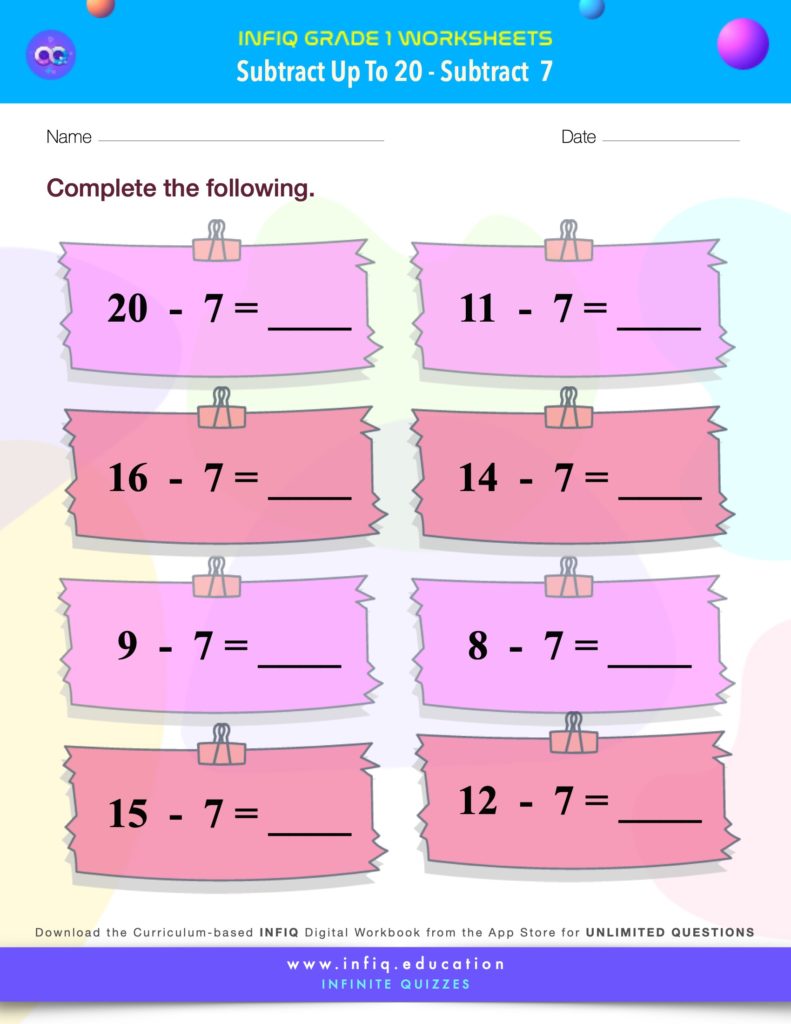 Grade 1 Math > Subtract up to 20 > Subtract 7 Worksheet