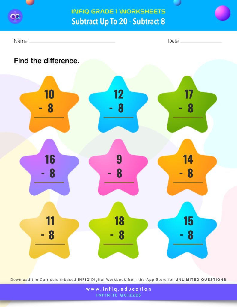Grade 1 Math > Subtract up to 20 > Subtract 8 Worksheet