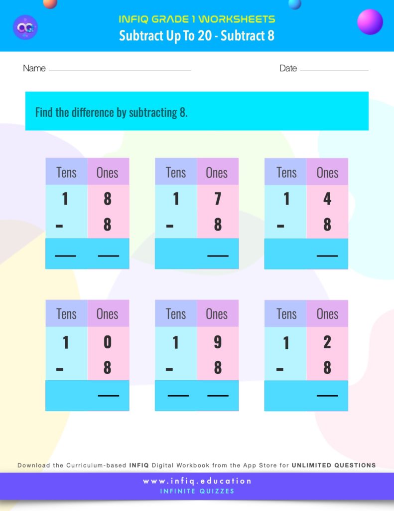 Grade 1 Math > Subtract up to 20 > Subtract 8 Worksheet