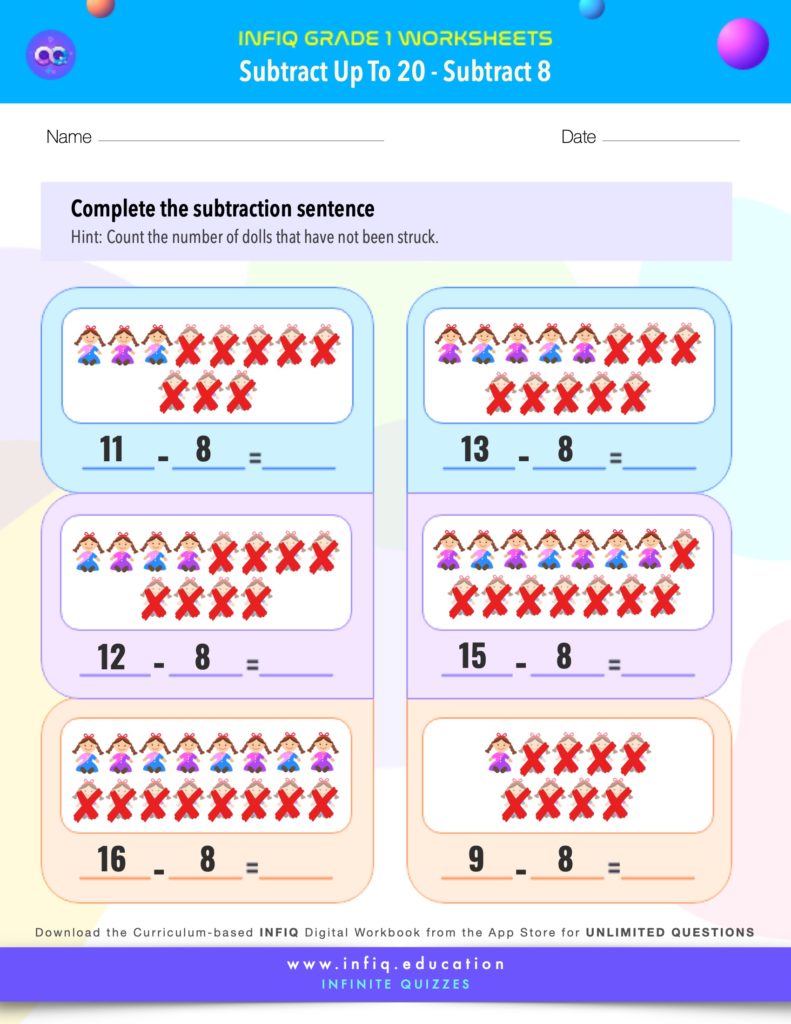 Grade 1 Math > Subtract up to 20 > Subtract 8 Worksheet