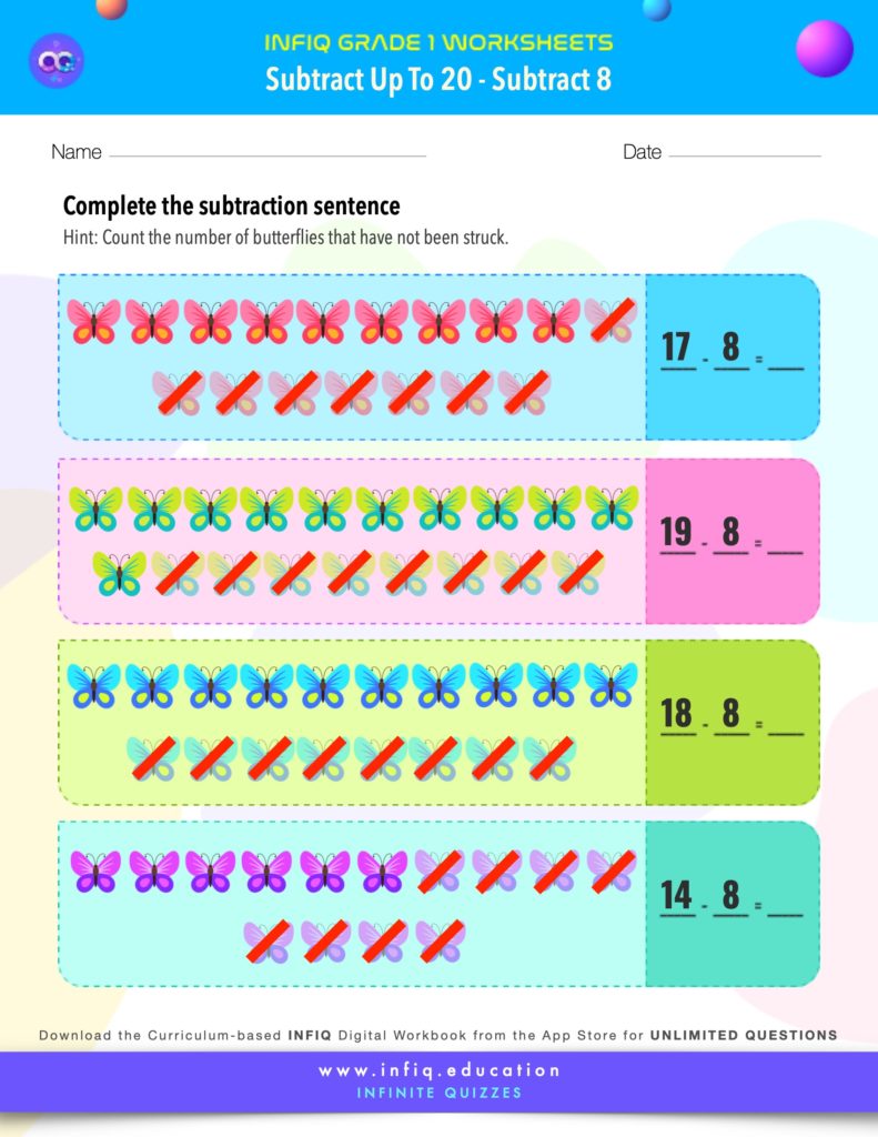 Grade 1 Math > Subtract up to 20 > Subtract 8 Worksheet
