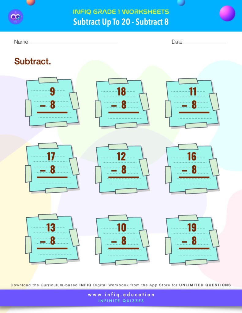 Grade 1 Math > Subtract up to 20 > Subtract 8 Worksheet