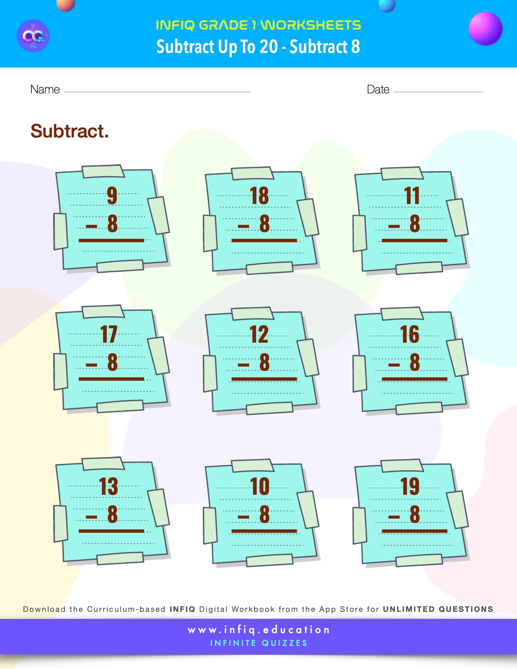 Grade 1 Math > Subtract up to 20 > Subtract 8 Worksheet