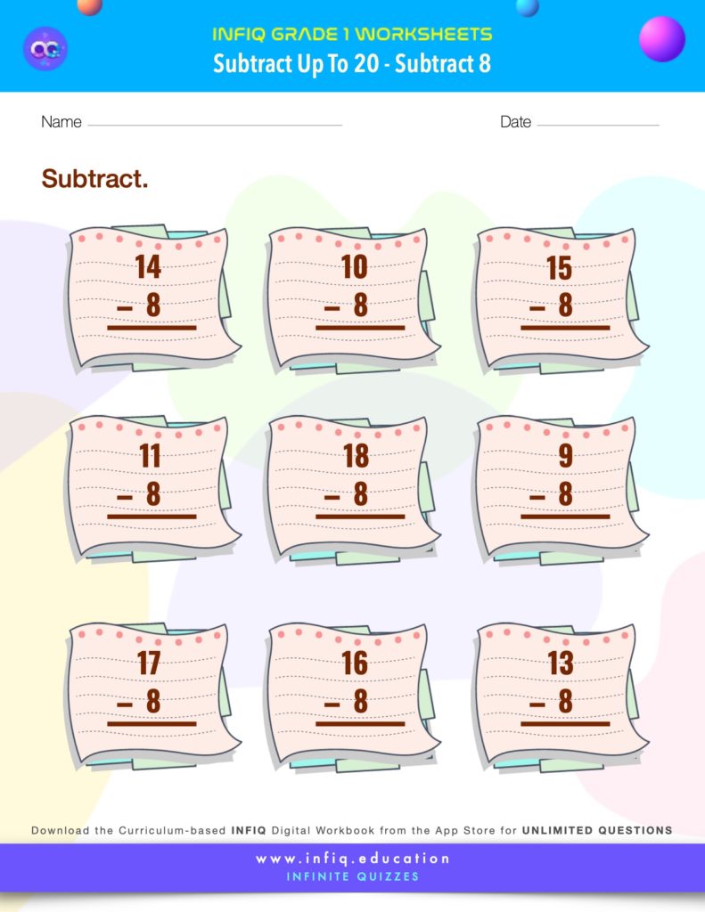 Grade 1 Math > Subtract up to 20 > Subtract 8 Worksheet