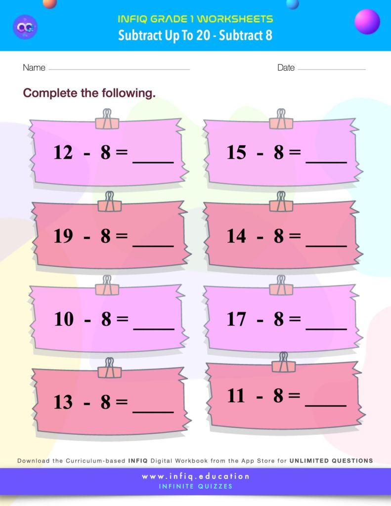 Grade 1 Math > Subtract up to 20 > Subtract 8 Worksheet