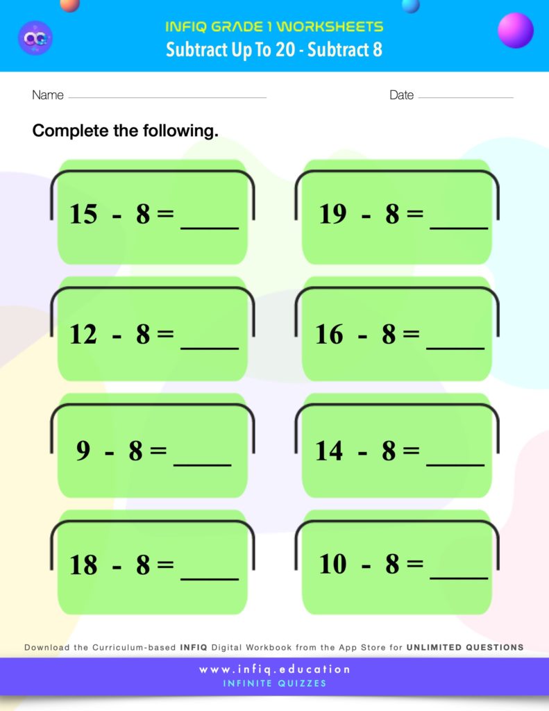 Grade 1 Math > Subtract up to 20 > Subtract 8 Worksheet
