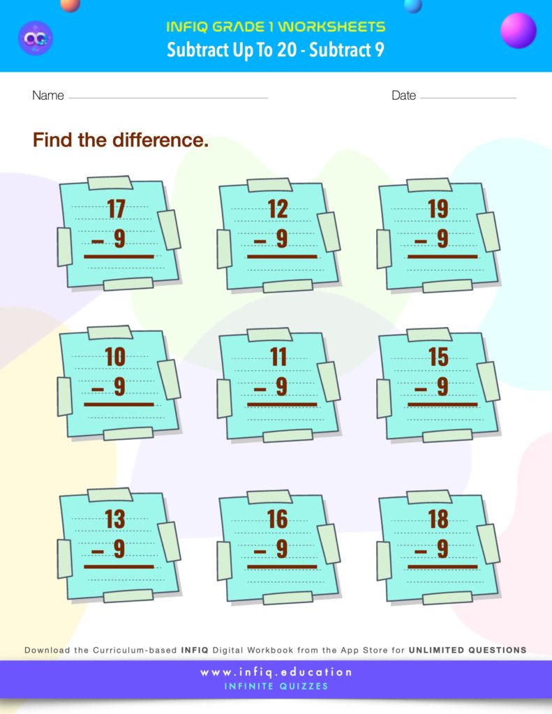 Grade 1 Math > Subtract up to 20 > Subtract 9 Worksheet
