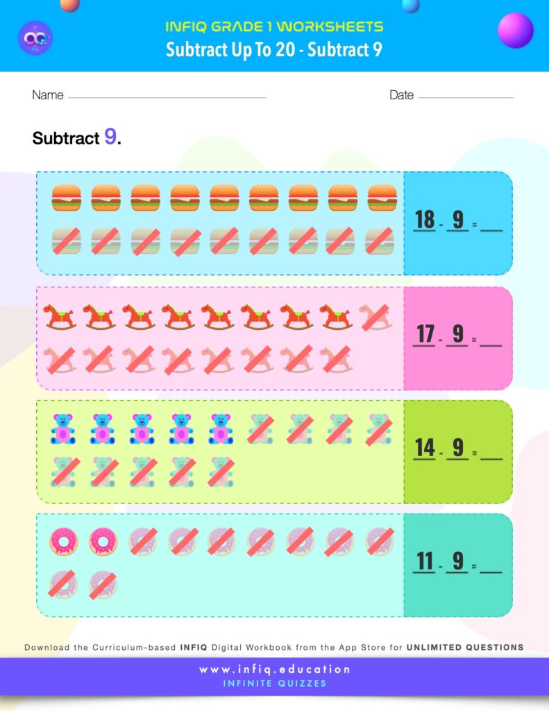 Grade 1 Math > Subtract up to 20 > Subtract 9 Worksheet