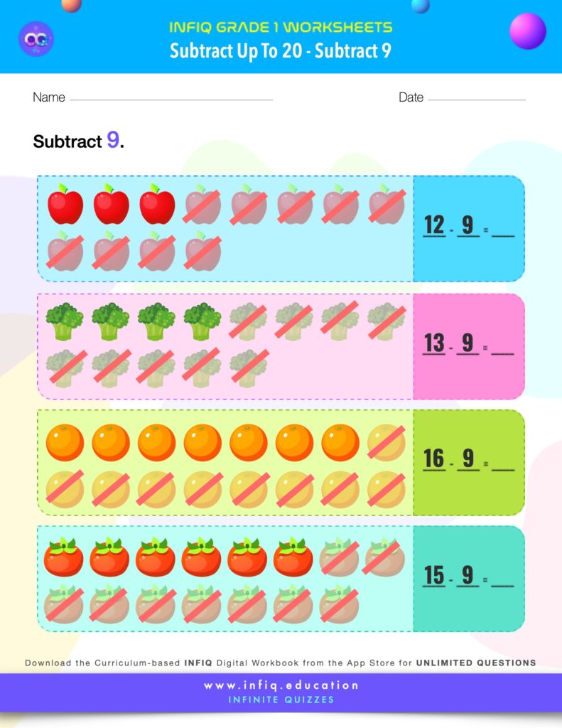 Grade 1 Math > Subtract up to 20 > Subtract 9 Worksheet